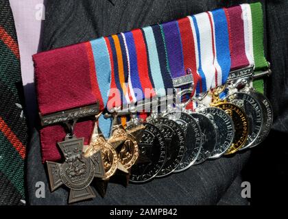 Medals including the VC on the chest of Gurhka veteran Tulbahadur Pun  VC who joined Actress Joanna Lumley as she  emerged victorious from the House of Commons after a vote awarded retired Gurkha soldiers who fought for the U.K. the same rights as their British and Commonwealth counterparts allowing them the right to reside in the U.K. Stock Photo