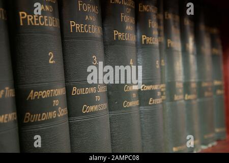 Close-up shot of Irish legal books on a bookshelf. Stock Photo