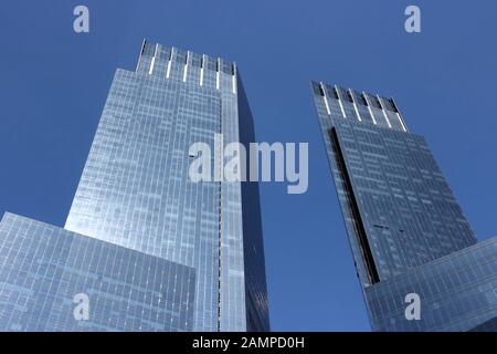NEW YORK, USA - JULY 6, 2013: Architecture view of Columbus Circle in New York. Columbus Circle with famous Time Warner Center skyscrapers completed i Stock Photo