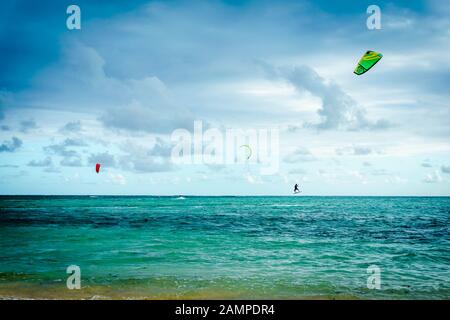Le Morne beach, Mauritius, December 2015 - Kite surfing is a popular activity at le Morne beach Stock Photo