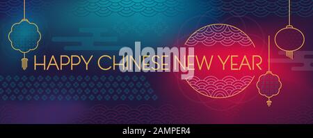 Happy Chinese New Year text for greetings card, flyers, invitation, posters, brochure, banner, facebook site cover. Modern geometric background, lante Stock Vector