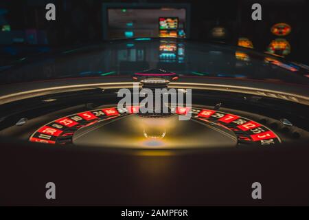 Close up shot of a casino roulette wheel. Stock Photo