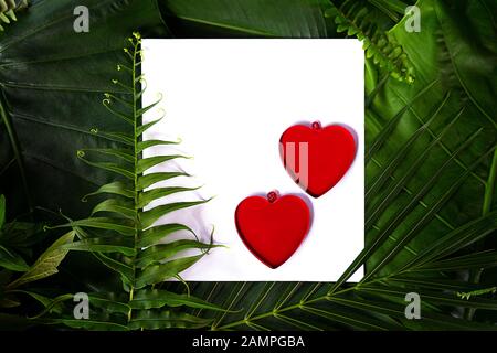 Two red hearts on palm leaves background. Valentine's day card on nature background. Flat lay, top view, copy space. Stock Photo