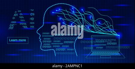 Artificial Intelligence digital technology concept vector for website. Laptop connecting to machine intelligence or human brain using electric impulse Stock Vector