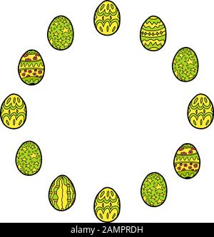 Round frame with easter colored eggs in cartoon style isolated on white background. Vector wreath with paschal eggs doodle with space for text. Festiv Stock Vector