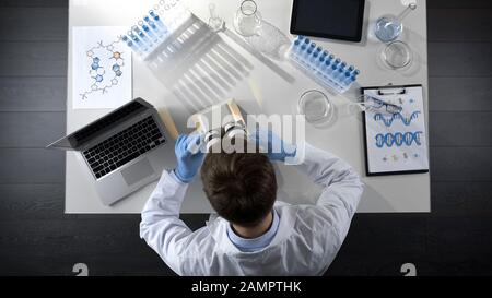 Top view of laboratory worker examining prepared sample under microscope Stock Photo
