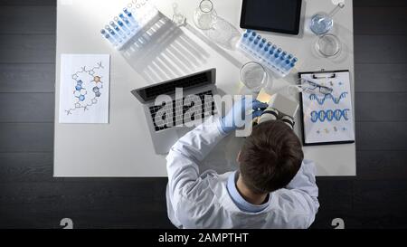 Scientist viewing samples under microscope, research for scientific article Stock Photo