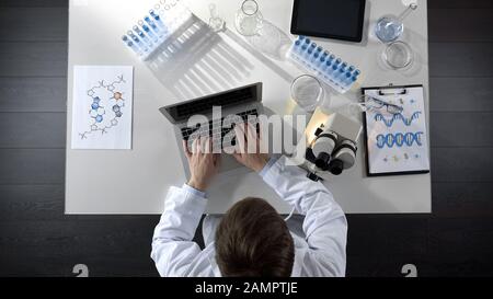 Researcher typing observations on laptop, viewing sample under microscope Stock Photo