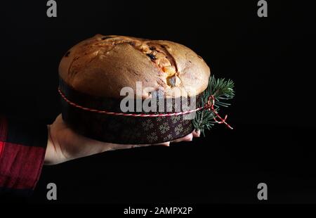 Concept of italian food.Traditional Italian Christmas Panettone cake with dried fruits on dark background. Stock Photo