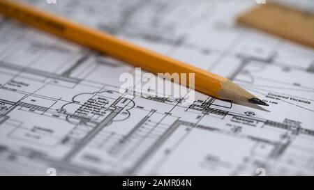 Close-up of detailed building plan, architecture design, construction bureau Stock Photo