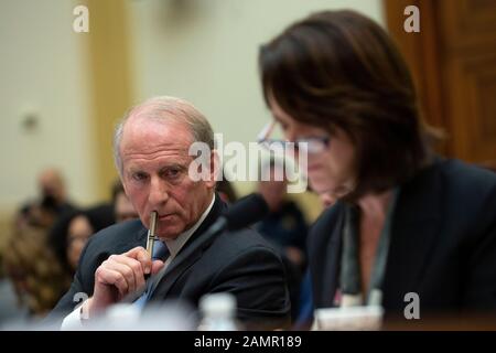 Richard Haass Ph.D., President of the Council on Foreign Relations, Avril Haines, Former Deputy National Security Advisor and Former Deputy Director of the Central Intelligence Agency, and Stephen J. Hadley, Former National Security Advisor, testify before the U.S. House Committee on Foreign Relations at the United States Capitol in Washington D.C., U.S., on Tuesday, January 14, 2020, following a U.S., drone strike that killed Iranian military leader Qasem Soleimani on January 3, 2020.  United States Secretary of State Mike Pompeo, who was supposed to be the key witness appearing before the co Stock Photo