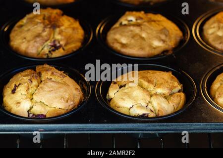 Homemade golden vegan vanilla cherry muffins on a black muffin tray in a lit up oven - close-up, angled view, horizontal format Stock Photo