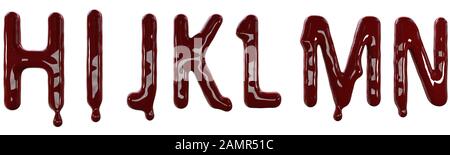 Creepy letters made from red fresh blood. 3d render isolated on white background. Stock Photo