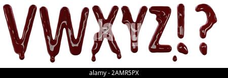 Creepy letters made from red fresh blood. 3d render isolated on white background. Stock Photo