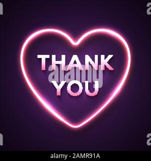 Neon light realistic words Thank You in bright electric wiring glowing heart shape frame on dark purple background. Festive pink sign for advertising Stock Vector