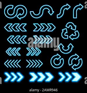 Neon Set. Glowing blue light signs arrows. 3d bright pointer direction symbol design template. Circle recycling arrows. Illuminated vector illustratio Stock Vector