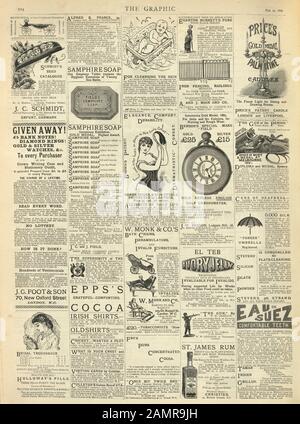 Page pf Newspaper adverts from the Graphic, 1886, Soap, Guns, Corset, Seeds, Wheelchairs Stock Photo