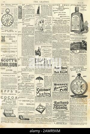 Page of Victorian newspaper adverts from the Graphic illustrated newsapaper, 1886, 19th Century Stock Photo