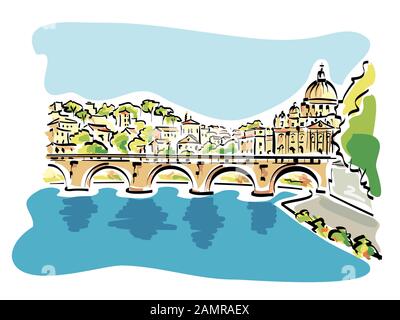 Illustration of a panorama from Rome with the river Tiber in the foreground and the St. Peter's Basilica on the background.