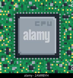Pixel art hardware illustration - circuit board cpu processing unit chip on green background Stock Vector