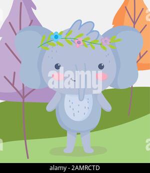 cute animals elephant with flowers in head grass trees cartoon vector illustration Stock Vector