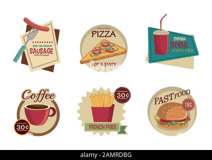 bundle of fast food labels Stock Vector