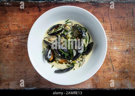 Mussels steamed in white wine with marsh samphire and nettle oil
