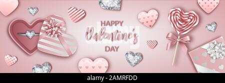 valentine's day banner with heart shaped gift boxes, lollipop, pink hearts and diamond hearts Stock Vector