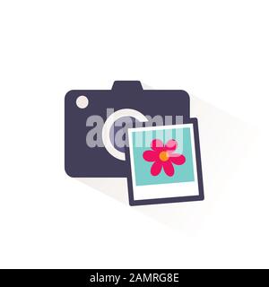 Camera with spring flower photo. Color icon with shadow. Flat vector illustration Stock Vector
