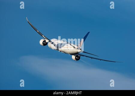 A United Airlines Boeing 787 registration N26952 departing on December 29th 2019 from London Heathrow Airport, Middlesex, UK Stock Photo