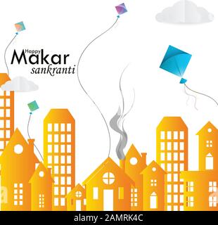 illustration of Happy Makar Sankranti wallpaper with colorful kite string for festival Stock Vector