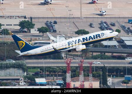 Palma de Mallorca, Spain - July 21, 2018: Ryanair Boeing 737 airplane at Palma de Mallorca airport (PMI) in Spain. Boeing is an aircraft manufacturer Stock Photo