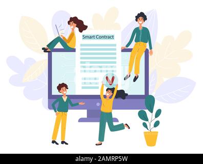 Blockchain smart contract concept with characters. Digital innovation people Stock Vector
