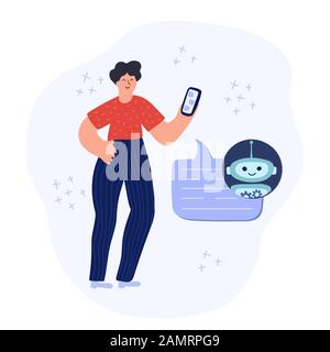 Man talking with a chatbot on mobile phone. Chat bot conversation concept Stock Vector