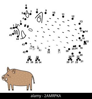 Dot to dot game for kids. Connect the numbers and draw a cute boar Stock Vector