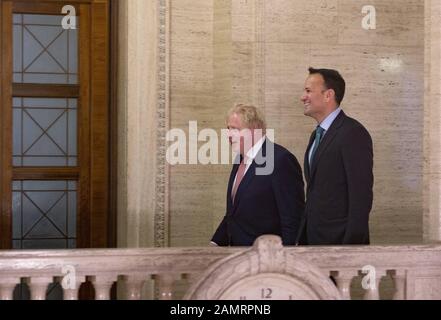 Belfast, Antrim, UK. 13th Jan, 2020. UK Prime Minister Boris Johnson with Irish Taoiseach Leo Varadkar on their way to make a public statement. Credit: Conor Kinahan/SOPA Images/ZUMA Wire/Alamy Live News Stock Photo