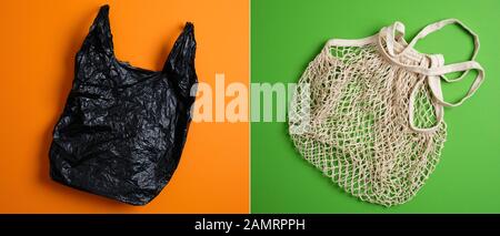 Disposable Plastic Polythene Bag vs Reusable Mesh Net Shopping Bag Cotton Eco Friendly Tote String. Comparison concept. Plastic free, Zero Waste, Sust Stock Photo