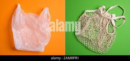 Disposable Plastic Polythene Bag vs Reusable Mesh Net Shopping Bag Cotton Eco Friendly Tote String. Comparison concept. Plastic free, Zero Waste, Sust Stock Photo