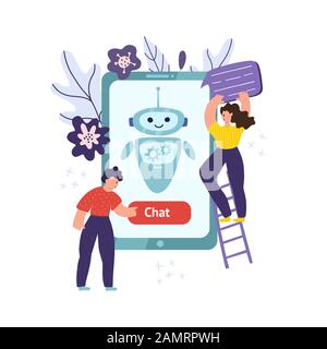 Chatbot mobile concept with man pushing the button and woman holding speech bubble Stock Vector
