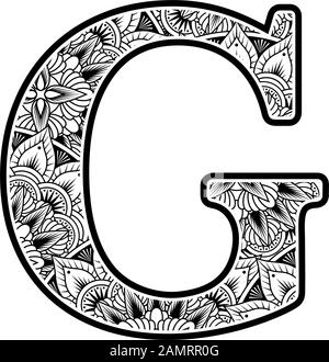 capital letter g with abstract flowers ornaments in black and white. design inspired from mandala art style for coloring. Isolated on white background Stock Vector