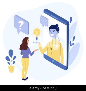 Chatbot conversation concept. Woman talking with a chat bot through mobile phone Stock Vector