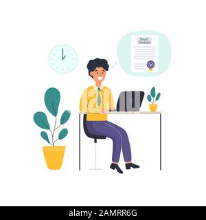 Man makes a smart contract through a laptop. Blockchain electronic contract or signature concept Stock Vector
