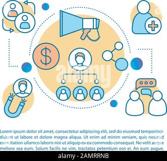 Referral marketing program page vector template. Customer attraction. Brochure, magazine, booklet design element with linear icons and text boxes. Pri Stock Vector