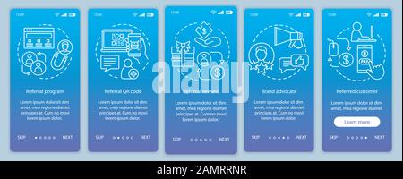 Referral marketing tools onboarding mobile app page screen with linear concepts. Five Steps graphic instructions. Customer attraction, retention. UX, Stock Vector