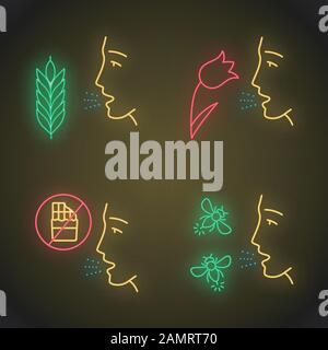 Allergies app icons set. Hay fever, allergy to food and insects stings. Sensitivity of immune system. Allergen sources. UI/UX user interface. Web or m Stock Vector