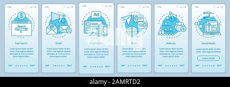 Marketing channels turquoise gradient onboarding mobile app page screen vector template. Ways of customer attraction walkthrough website steps with li Stock Vector