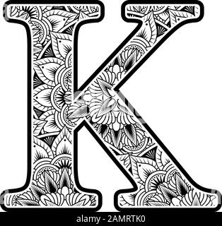 capital letter k with abstract flowers ornaments in black and white. design inspired from mandala art style for coloring. Isolated on white background Stock Vector