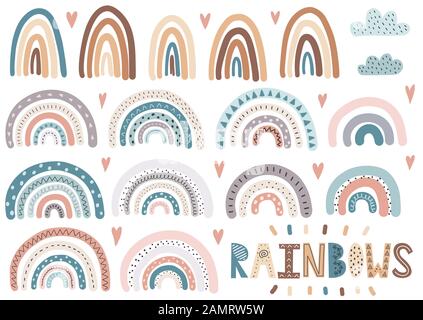 Cute rainbows, clouds, hearts collection. Isolated elements set Stock Vector