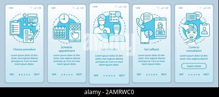 Clinic center appointment onboarding mobile app page screen vector template. Select doctor. Schedule. Walkthrough website steps with linear illustrati Stock Vector