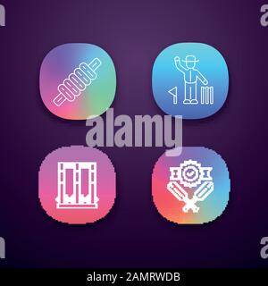 Cricket championship app icons set. Sport competition. Bail, stumps, win, umpire. Sporting gear, judge. Club tournament. UI/UX user interface. Web or Stock Vector